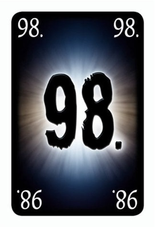 Kaart met het cijfer 98, omringd door 86'en, met een lichtflits.