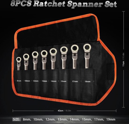 ZEONHEI 7 stuks ratelsleutelset, 6, 7, 8, 9, 10, 11, 13 mm, ratel, ringratelsleutel, 72 tanden, ringratelmoersleutel, moersleutel steeksleutel voor onderhoud