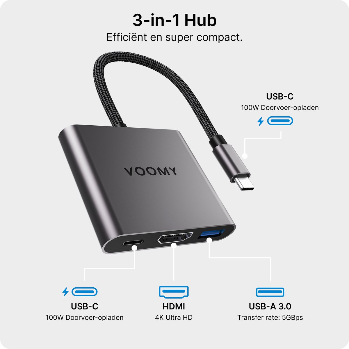 Voomy 3-in-1 USB-C Hub met HDMI 4K, USB 3.0 en USB-C PD 100W opladen - voor MacBook, Windows, tablet - Afbeelding 2