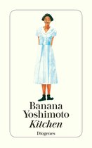 Vrouwen in een blauw-witte jurk met korte mouwen, 'Kitchen Banana Yoshimoto Diogenes'.
