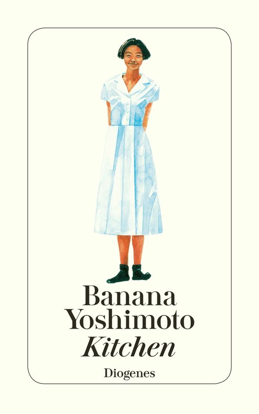Vrouwen in een blauw-witte jurk met korte mouwen, 'Kitchen Banana Yoshimoto Diogenes'.