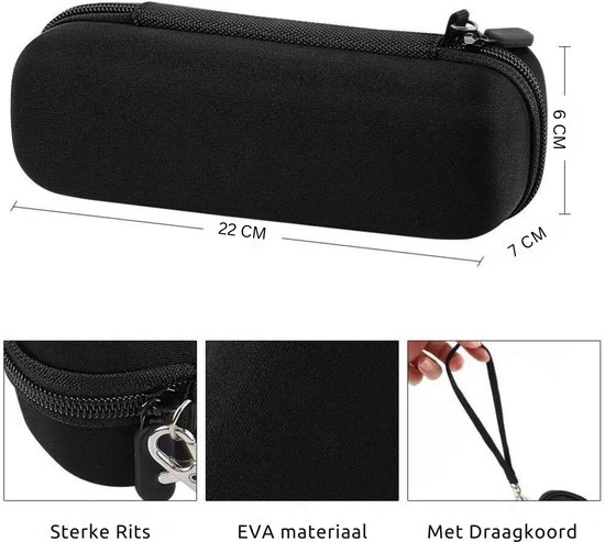 Afmetingen van het zwarte tandenborsteletui: 22 x 7 x 6 cm. Details van ritssluiting, EVA-materiaal en draagkoord.