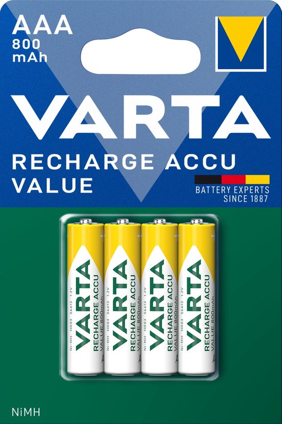 Verpakking met 4 Varta AAA oplaadbare batterijen, 800mAh, NiMH, met Varta logo en gele en witte accenten.