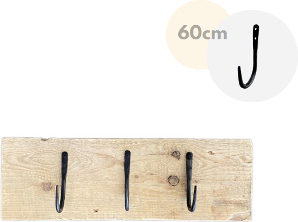 Wandkapstok - Kapstok - 3 haken - Wandplank - Kapstok haak stoer zwart gietijzer - Steigerhout - 60 cm
