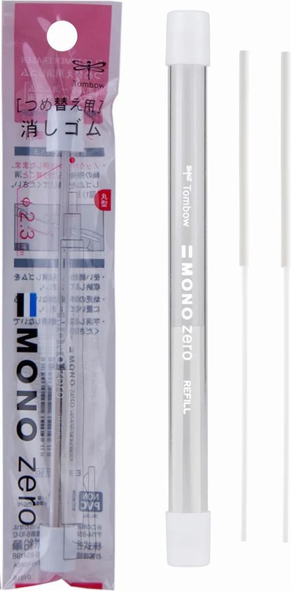 Tombow Mono Zero navulbare gumstiften, 2,3 mm. Een set van twee witte gumstiften in een doorzichtige verpakking.