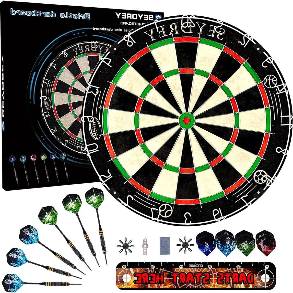 Stalen Dartbord Set met 6 Stuks 20 g Stalen Tip Darts - 12 Vluchten - Roterende Nummer Ring - Nietvrije Bullseye - Installatie-instructie