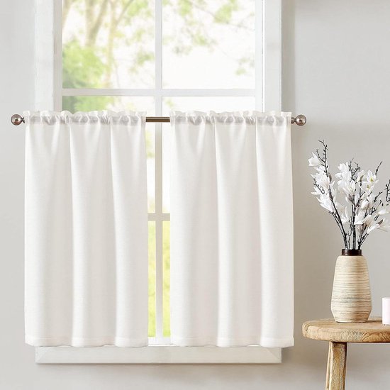 Topick Vitrage, linnen bistrogordijn, halftransparant gordijn, blikdichte vitrage, gaas, sjaal, raamsjaal voor keuken, woonkamer, landelijke stijl, set van 2, 65 x 115 cm (b x h), wit