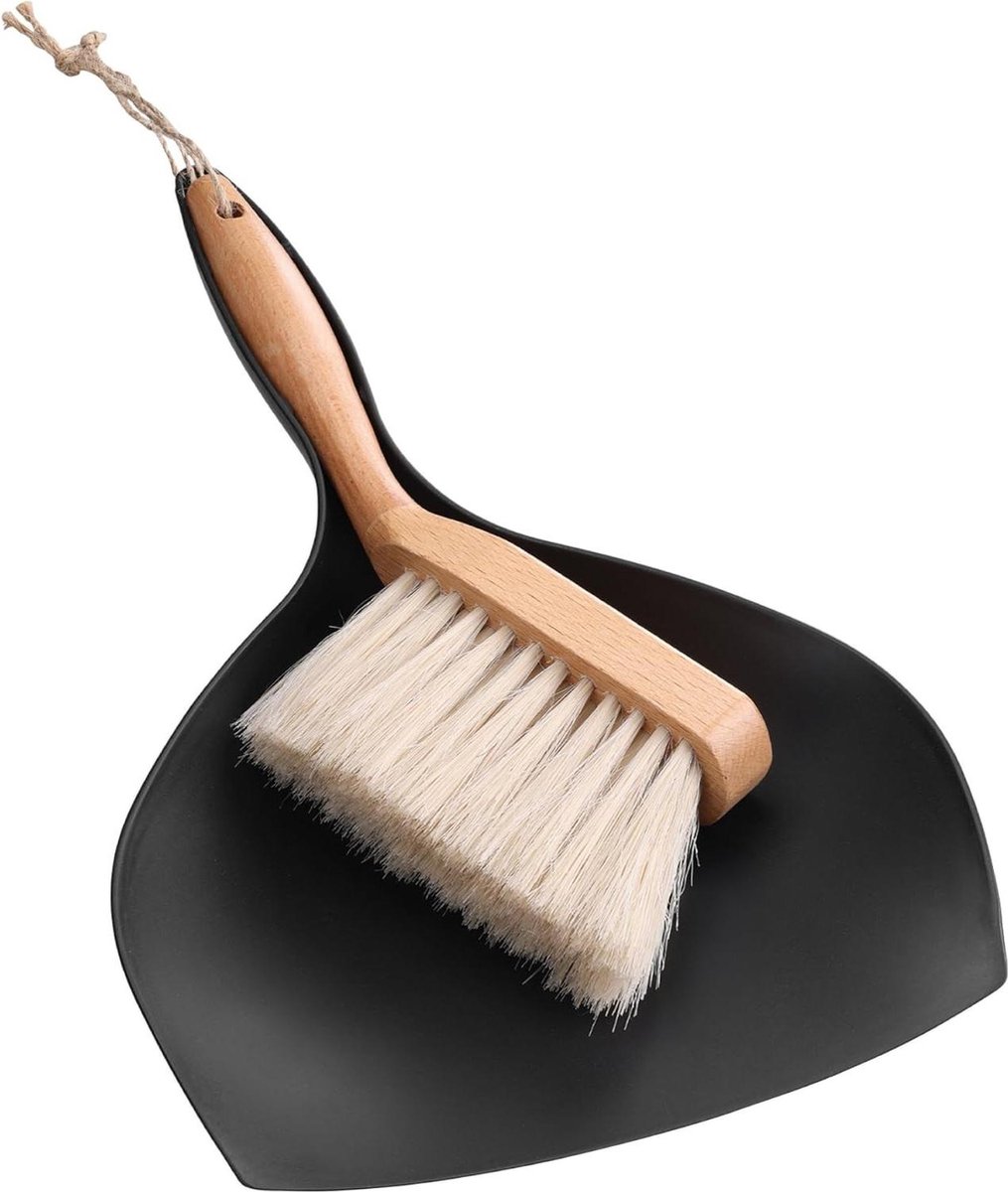 Goedkoopste Stoffer en blik - Retro design - Beukenhout - Paardenhaar - Ophangbaar - Modern en functioneel - Zwart blik - Lichtgewicht