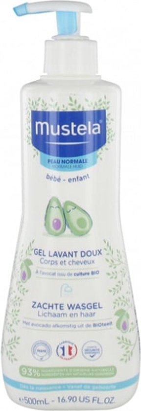 Mustela zachte wasgel 500ml, met avocado, voor baby en kind. Witte fles met blauwe pomp en groene avocado-illustraties.
