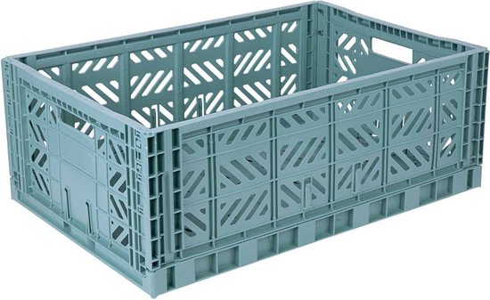 Turquoise AyKasa vouwkrat met open structuur.