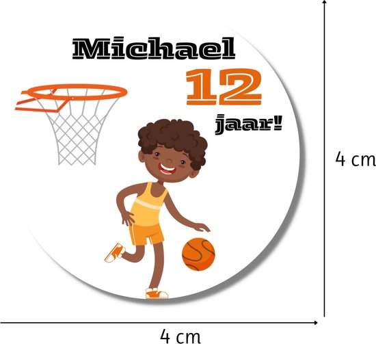 Jongen in oranje sportkleding met basketbal bij basket, Michael 12 jaar! Sticker is 4x4 cm.