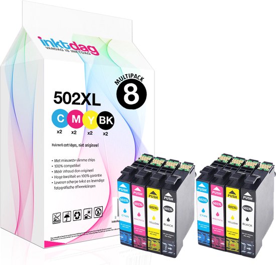 Inktdag inktcartridges voor Epson 502XL multipack, Epson 502 inkt van 8 kleuren (2*zwart, 2*C/M/Y) geschikt voor printers Epson Expression Home XP-5100 , XP-5105, Epson WorkForce WF-2860 DWF , WF-2865 DWF