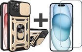 BixB hoesje met screenprotector van gehard glas Geschikt voor iPhone 15 Plus met Ringhouder en Camera schuifje backcover - Goud
