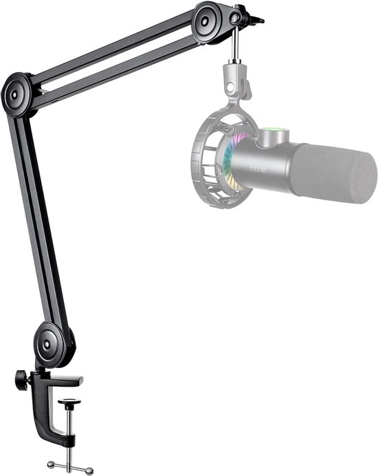 Zwarte microfoonarm met verstelbare secties, microfoon met LED-ring.