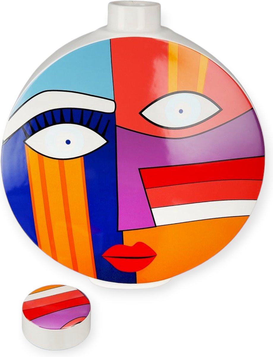 Gilde Handwerk - Vaas - Graphic Face -Grafisch gezicht motief - Multicolour - 7.5x29x34.5cm
