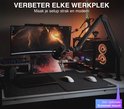 Bras de microphone noir sur un bureau, avec microphone et moniteur. Inclut un montage traversant en option.