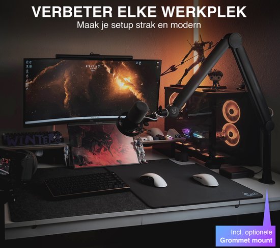 Bras de microphone noir sur un bureau, avec microphone et moniteur. Inclut un montage traversant en option.