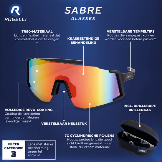 Zwarte Rogelli Sabre sportbril met aanpasbare neusstuk en pootjes, rode spiegelende lens met revo-coating, categorie 3 filter.