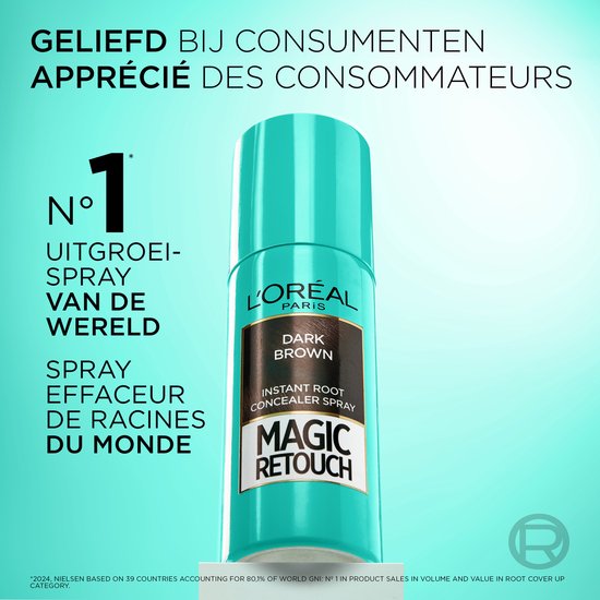 L'Oréal Paris Magic Retouch Dark Brown uitgroeispray, gepresenteerd als 's werelds nummer 1 uitgroeispray.