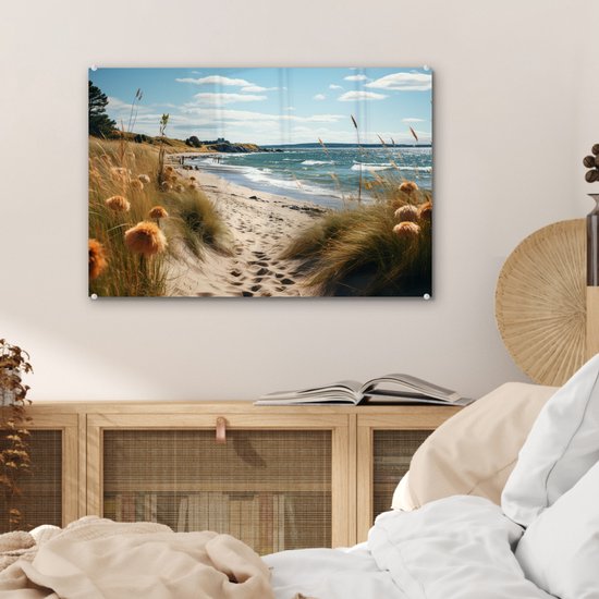 MuchoWow® Glasschilderij 60x40 cm - Schilderij acrylglas - Strand - Duinen - Helmgras - Zee - Zand - Foto op glas - Muurdecoratie woonkamer - Wanddecoratie slaapkamer - Schilderijen