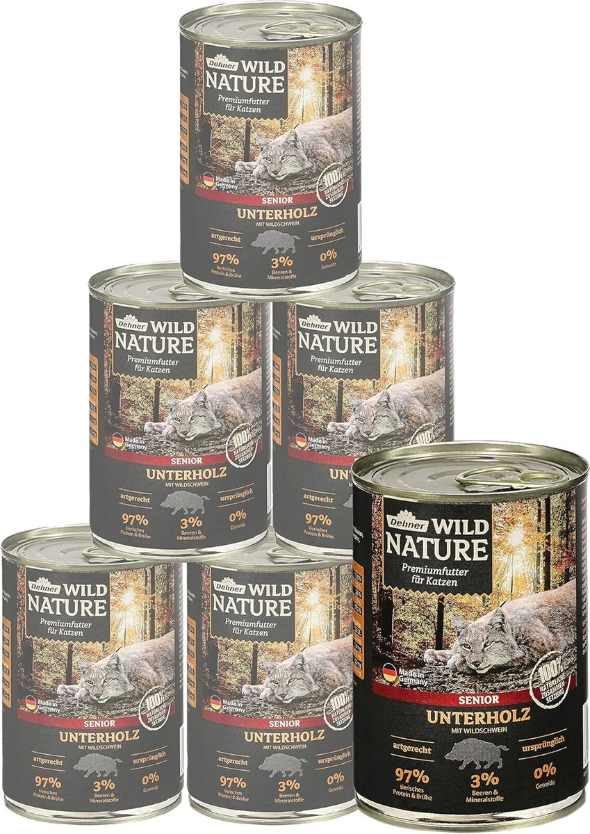 Natuurlijk Kattenvoer voor Oudere Katten met Wild Zwijn – Graanvrij en Suikervrij, 6 Blikken van 400g