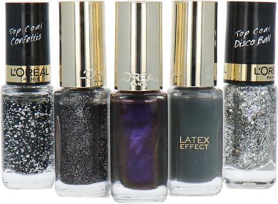 Vijf L'Oréal nagellakflesjes: Top Coat Confetti, donker glitter, paarse glitter, Latex Effect grijs, Top Coat Disco Ball.
