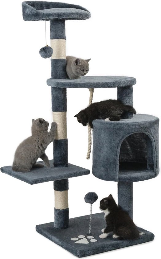 lionto krabpaal voor katten met hol en pluche bal incl. belletje, hoogte 85 cm, kattenboom met pluche, comfortabele ligplaats, voor kleine & grote katten, lichtgrijs