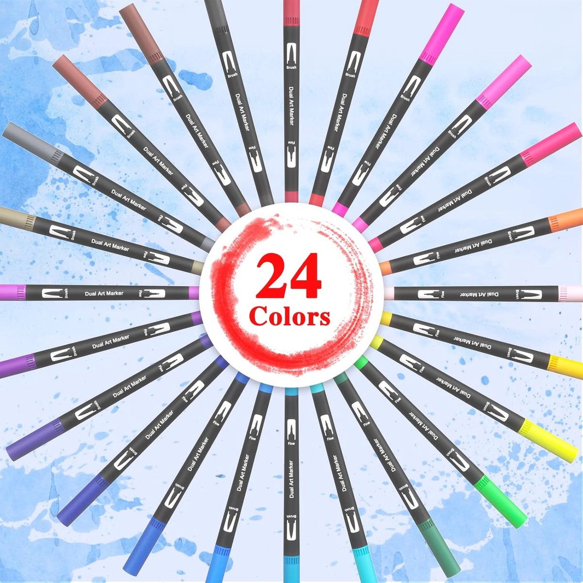 Dual Brush Pen Set, 24 kleuren dubbele viltstiften, waterbasis