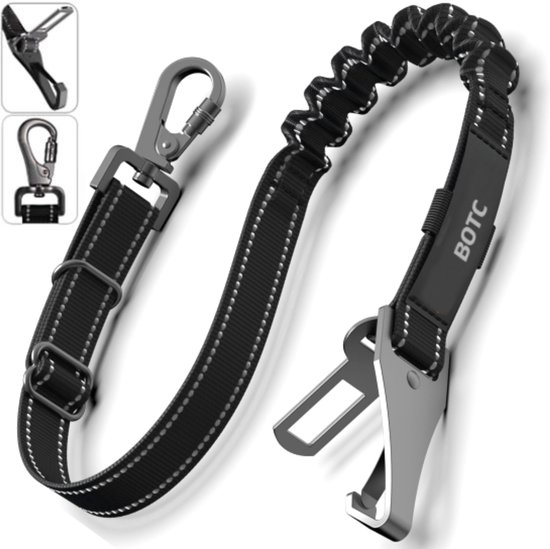 BOTC Autogordel Hond - Hondengordel 3 in 1 - Reflecterende - Veiligheidsgordel hond - Autoriem Hond - Zwart - RVS