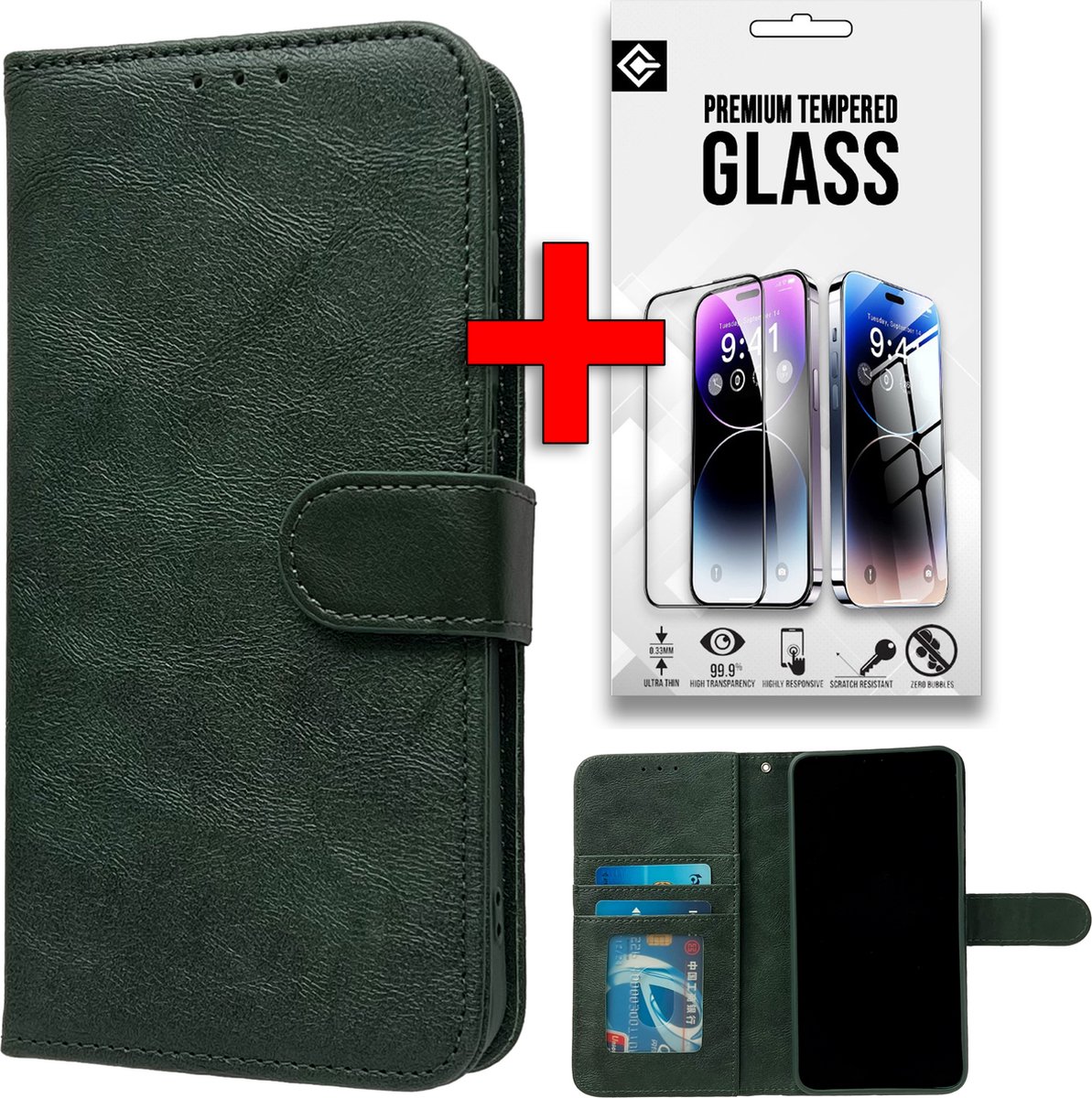 Casemania Hoesje & Glas Geschikt voor Apple iPhone 16 Pro - Groen - Portemonnee Book Case - Glazen Screenprotector