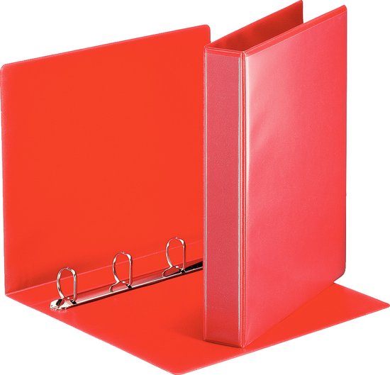 Rood A4 ringband met 4 ringen, opengeklapt met metalen ringen zichtbaar.