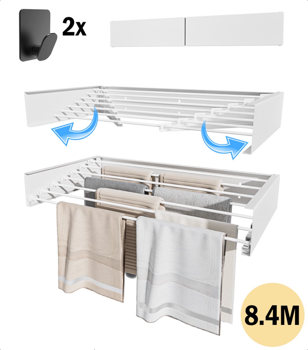 PLAY IT Wanddroogrek Inklapbaar XXXL Wit 120 cm - 8.4 Meter Drooglengte + 2 Handdoek Haakjes