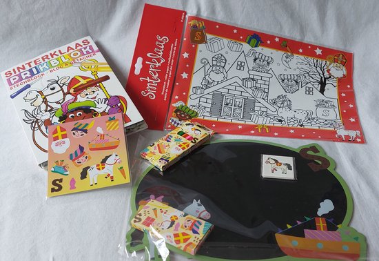 Foto: 7 delige set sinterklaascadeautjes voor kinderen schoencadeautjes sinterklaas super pakket voor feest 7 cadeaus muziekland krijtboard met krijtjes stickers tattoo prikblok kleurplat potloden kleurboekje met stickers kado sint