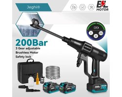 Jeghi® Accu Hogedrukreiniger 6 in 1 - Hoge drukspuit - Cleaner - Tuinslang - Auto Cleaner - 2x Accu 18V - max. 200 bar - 3 standen - incl. 5m waterslang