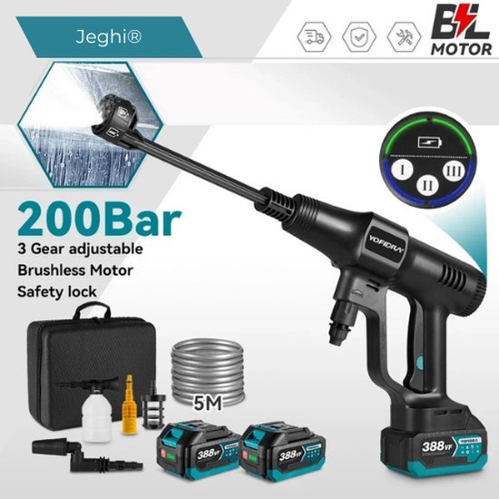 Jeghi® Accu Hogedrukreiniger 6 in 1 - Hoge drukspuit - Cleaner - Tuinslang - Auto Cleaner - 2x Accu 18V - max. 200 bar - 3 standen - incl. 5m waterslang
