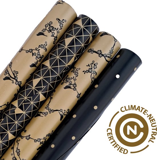 Foto: Premium inpakpapier gold black 4 rollen duurzaam fsc plasticvrij klimaat neutraal gecertificeerd cadeaupapier 200x70cm verjaardag sinterklaas kerst kadopapier