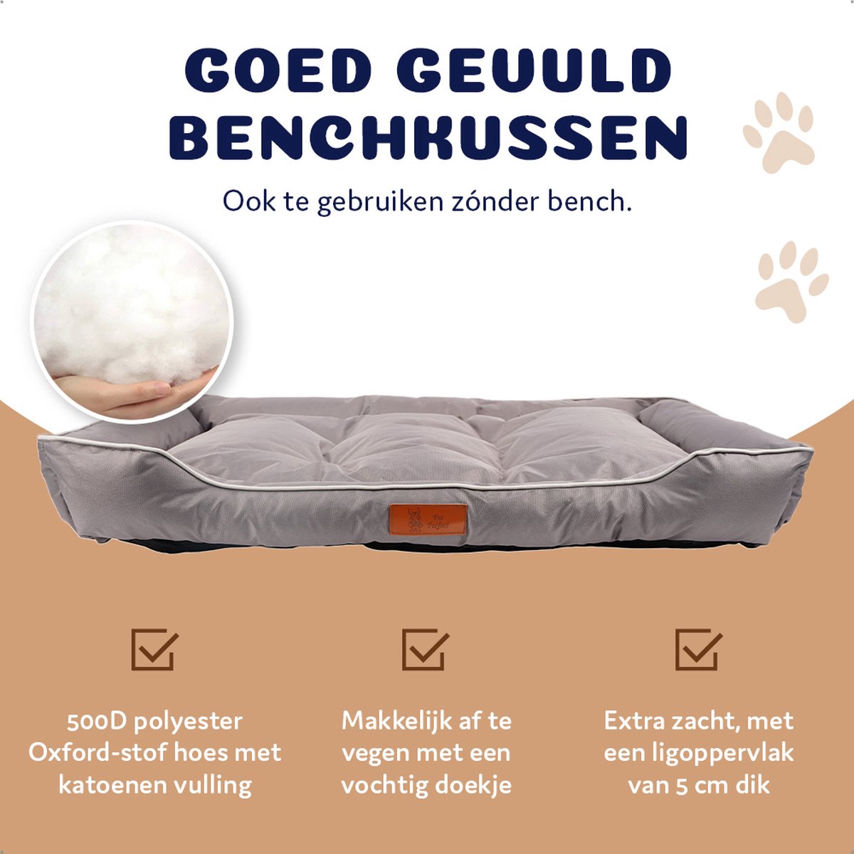 Pet Perfect Benchkussen XL - Hondenkussen Wasbaar - Hondenmand - Grijs - 90x55x10 thumbnail 3