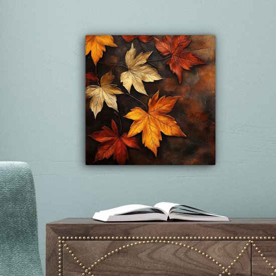 Peinture sur toile 20x20 cm - Décoration murale Feuilles d'automne - Marron - Feuilles Oranje - Rouge automne - Décoration murale murale salon - Décoration chambre - Accessoires de chambre - Peintures