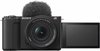 Zwarte Sony Alpha vlog camera met lens, uitklapscherm en microfoon.