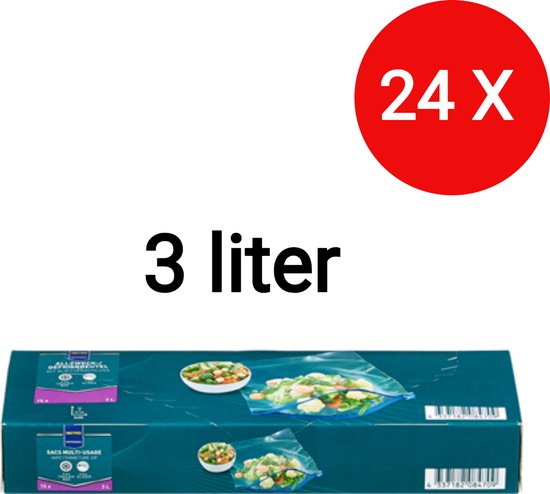 Doos met diepvrieszakken van 3 liter (24 stuks), met afbeeldingen van zakken gevuld met ingevroren groenten en fruit. Tekst: '24 X 3 liter'.