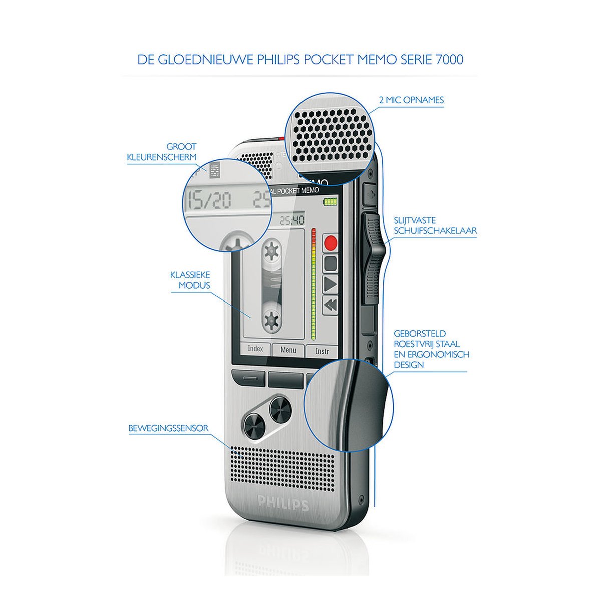 Afbeelding 3 van Philips PocketMemo Dicteerapparaat DPM7000 - Stereo MP3 - Schuifschakelaar (US) - SpeechExec Dictate 2-jaar licentie - Windows
