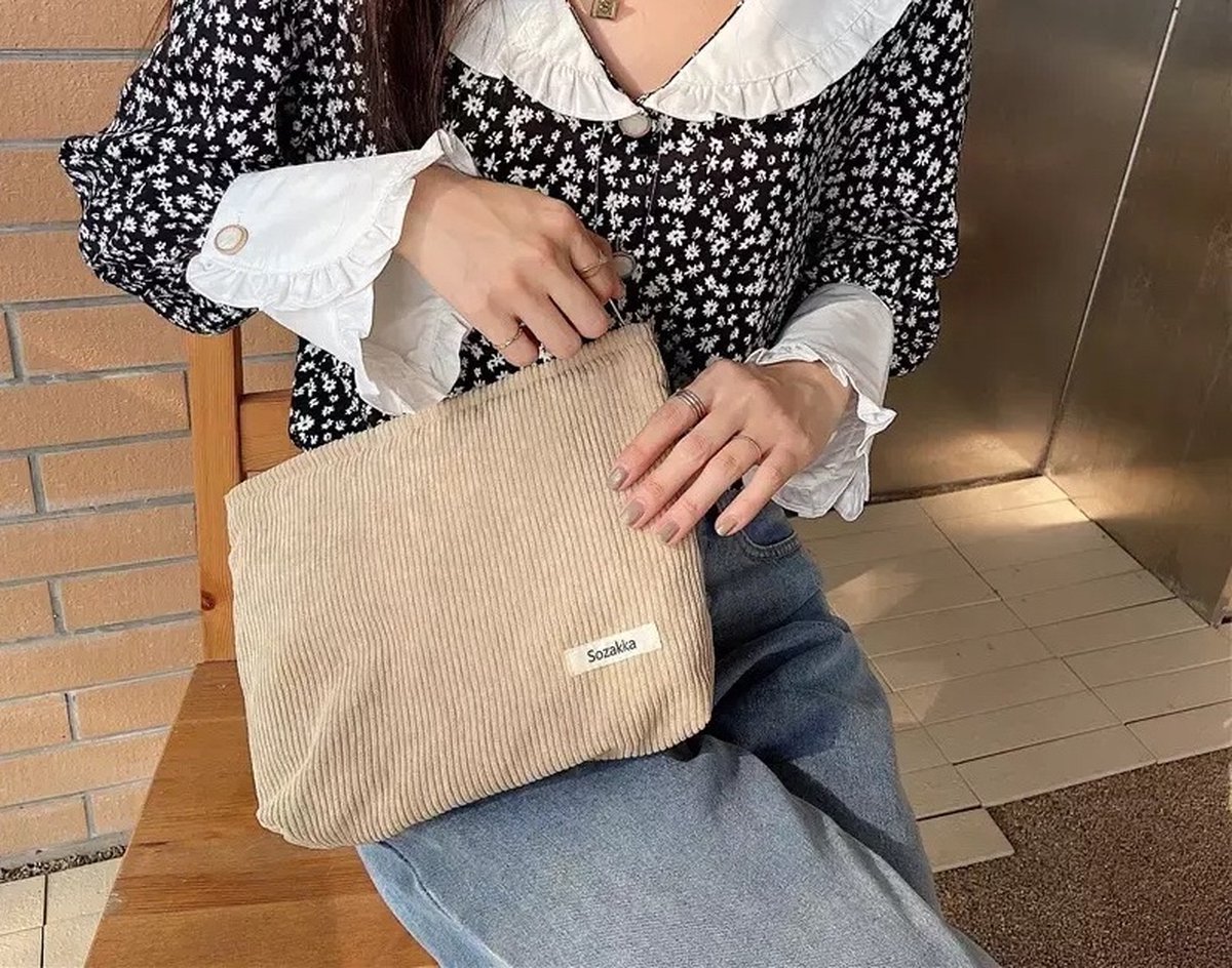 Without Lemon - Corduroy Make Up Toilettas - Reistas - Pouch - Clutch - Opbergtasje - Rib - 26x19cm - Beige