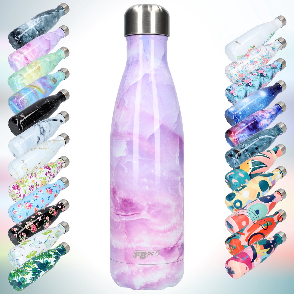FBFS28, Thermosfles, Drinkfles, Waterfles - Modern & Slank Design - Thermos Fles voor de Warme en Koude Dagen - Dubbelwandig - Robuuste Thermoskan - 500ml - Pink Marble - Roze Marmer