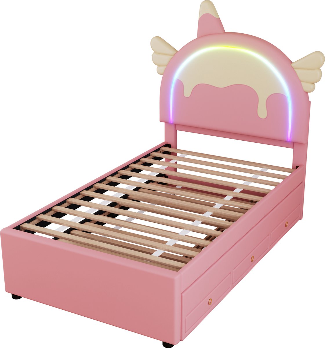 Merax Eenhoorn Kinderbed 90x200 cm - Unicorn Eenpersoonsbed voor Kinderen - Kunstleer Gestoffeerd Bed met extra Uitschuifbaar Bed 90x190 cm Inclusief 3 Bedlades - Roze — cadeau in Cadeau-ideeën - foto 3