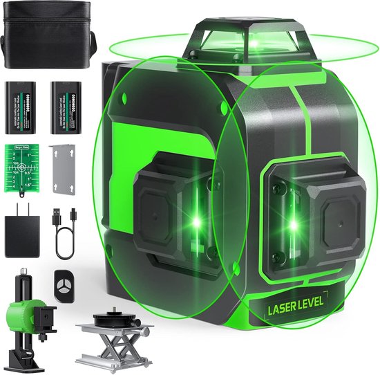 4x360° Laserlijn Kruislijnlaser, 4D 16-lijns zelfnivellerende laserniveau voor constructie en ophangen van schilderijen, 2x4000mAh oplaadbare batterijen met Type-C oplaadpoort