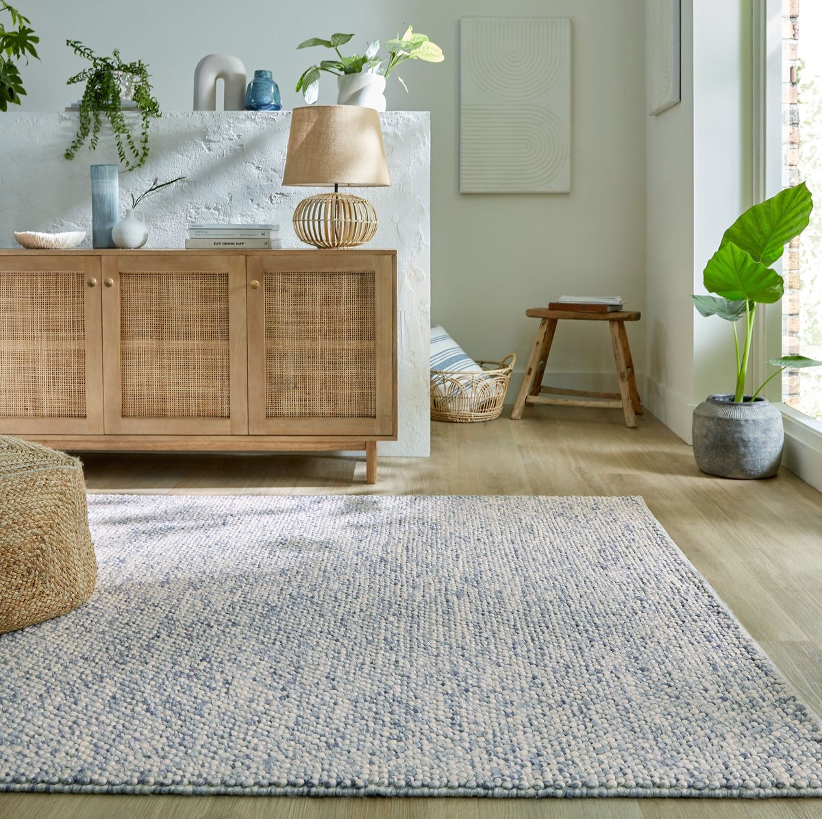 Flycarpets Minerals Uni vloerkleed - Laagpolig - Wol - Bolletjes Modern - Blauw 80 x 150 cm