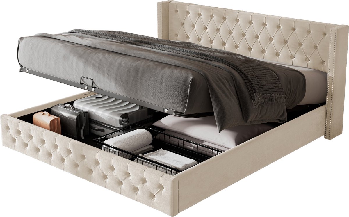 Merax Gestoffeerd Bed 160x200 cm – Luxe Fluweel – Met Opbergruimte – Hoog Hoofdbord met Nieten en Knopen – Beige – Zonder Matras