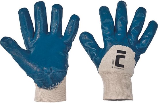 Blauwe Kittiwake werkhandschoenen met witte boord en een zwart logo op de achterkant.