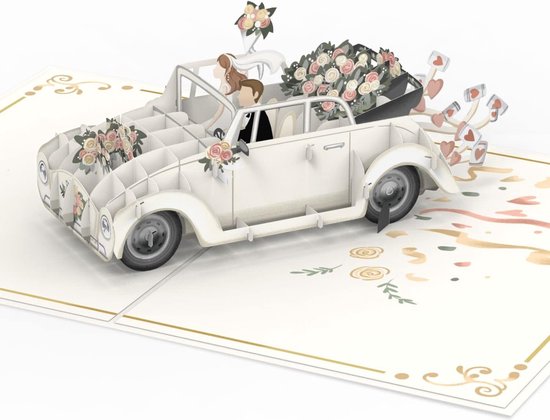 3D pop-up wenskaart met een witte bruidsauto, met een bruid en bruidegom, en een grote bos bloemen.