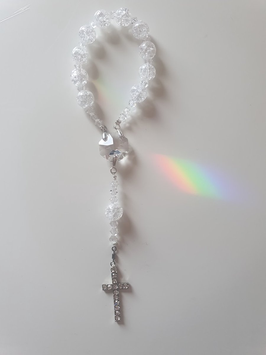 Rozenkrans - Tientje - Paternoster, gemaakt met Craquelé kwarts kralen en o.a. kristallen van Swarovski (gebedssnoer, eerste communie, geloof, Hanger, kruisteken, meditatie, mediteren, gebed, spiritueel)